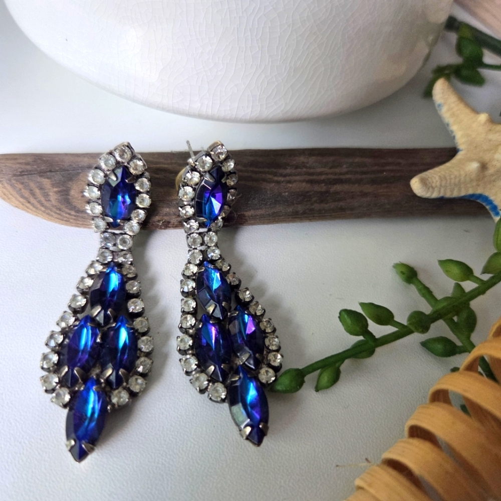 Earrings I Chandelier Drop Sapphire Blue Rhinestone Pierced Mardi GRAS